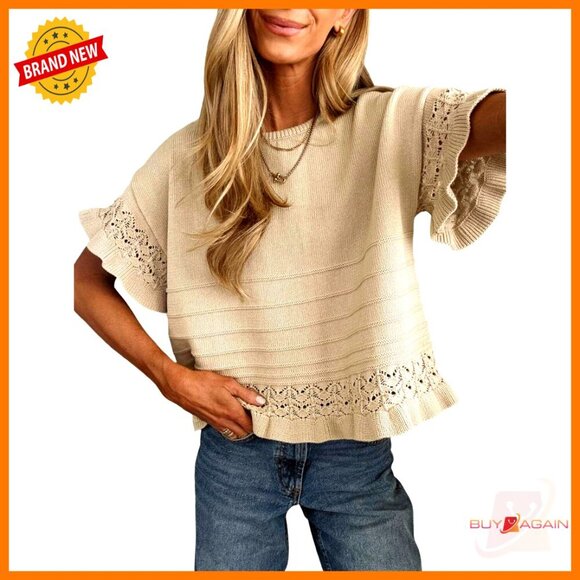 Sweaters - Short Sleeve Sweater Round Neck Ruffled Hem Knit Pullover Summer Casual Top